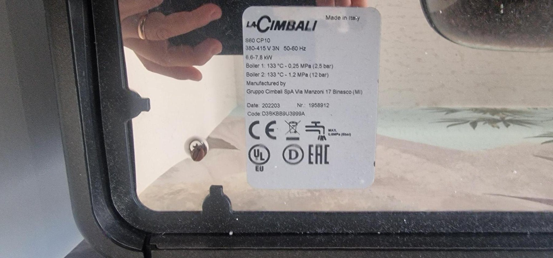 Typenschild der gebrauchten La Cimbali S60 CP10 Baujahr März 2022